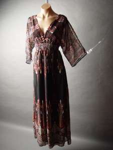 89 Arden B. Ethnic Print Kimono Sleeve Caftan Style Chiffon Long Maxi 