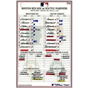  Red Sox at Mariners 7 21 2008 Game Used Lineup Card 