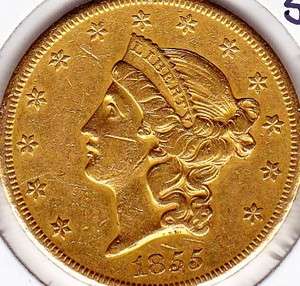 1855 S United States $20 Liberty Head Gold Eagle   XF+/AU  