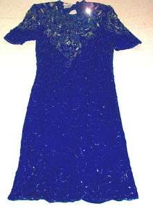 100% Silk Royal Blue Beaded & Sequined Dress Sz M  