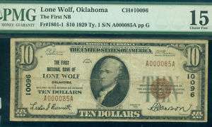 FIRST NAT BANK LONE WOLF, OKLAHOMA TEN DOLLAR NOTE  