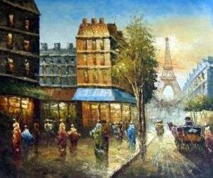 Paris Eiffel Tower Street Scene Oil Painting Stretched  