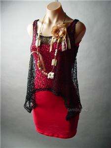 WOOD Bead Crochet Necklace Blk Trapeze Top Tank Dress L  
