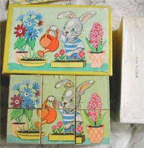 Charming Vintage Wood Block Puzzles Six Different Scenes Bears Bunnies 