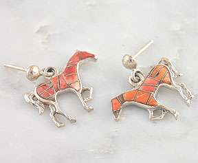 Sterling Silver Spiny Oyster Inlay Horse Post Earrings  