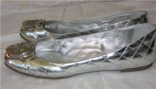 TORY BURCH Quinn Silver Metallic Quilted Flats Shoes Sz 8.5 like Reva 