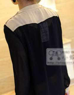 Korean Women Tie Neck Long Sleeve Splice Chiffon Blouse Top Black 