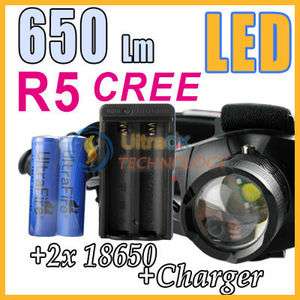   CREE R5 LED zoomable focus Headlight head lamp+2*battery+charger