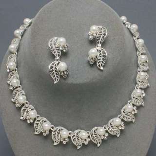   Floral Motifs Silver Rhinestone Choker Collar Earrings Necklace  