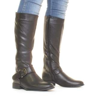 WOMENS BLACK STRETCH WIDE CALF FIT FLAT LADIES KNEE RIDING BOOTS SIZE 