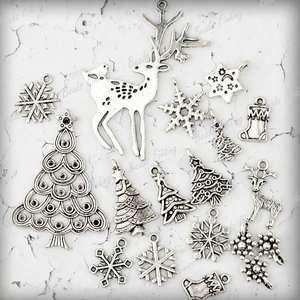 16 Antique Silver Christmas Tree Snowflake Sock Animal Deer Charm 