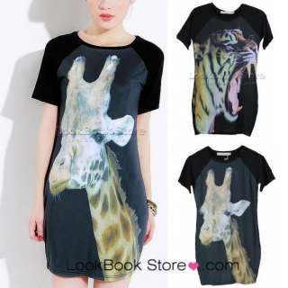 Celeb Womens Vintage Soft Giraffe Tiger Animal Print Black Tee T shirt 