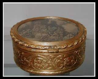 Antique Dore Bronze Trinket Box w Hand Colored Print NR  