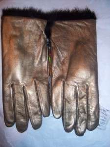 Ladies Leather Gloves w/RABBIT FUR lin & Cuff trim, Bronze