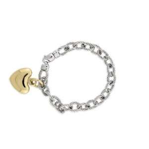 14k White Gold Twisted Oval Link Bracelet w/ Yellow Gold Heart Charm 