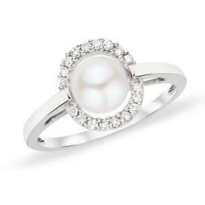   7mm Cultured Freshwater Pearl & Diamond 10K White Gold Ring Jewelry