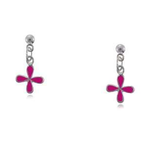  Pink Flower Dangle Earrings in Sterling Silver for Babies 