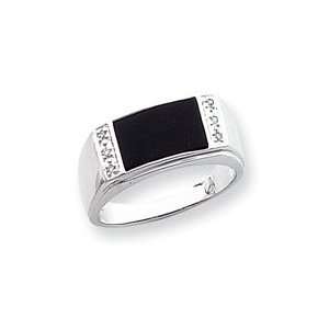  14k White Gold Onyx and Diamond Mens Ring   Size 10 