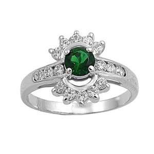 Rhodium Plated Sterling Silver 10mm Sunflower Shaped Emerald & Clear 