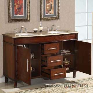     Travertine Top Bathroom Double Sink Vanity Dark Chestnut Cabinet