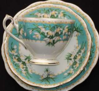 Queen Anne TURQUOISE AZUREAN BLUE SNOW DROPS Tea cup and saucer TRIO 