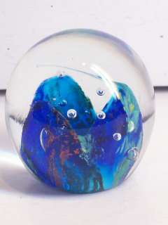 Vintage Glass Paperweight Round Bubbles Blue Green Red Unusual 