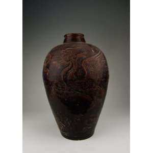 Brown Glaze Porcelain Plum Vase With Phoenix Pattern, Chinese Antique 