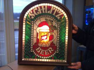 SCHLITZ BEER SIGN LIGHTED BAR ADVERTISING BIG STAINED GLASS 1980 
