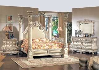 King White Poster Canopy Bed Leather Marble Bedroom 5pc  