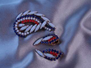 Red White and Blue Cut Glass Rhinestone Brooch & Earrings  