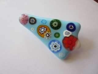 Fused Glass Christmas Tree Pin ~ Pale Blue with Millefiori  