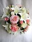 NEW SILK WEDDING FLOWER BOUQUET CORAL PEACH ROSES PEARLS ROUND STYLE 