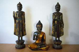 Set of 3 Antique Hand Carved Cambodian Buddha Statues  