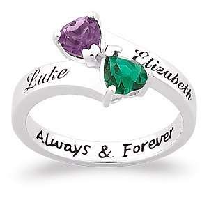   Silver Couples Name & Heart Birthstone Ring Engraved Jewelry Jewelry
