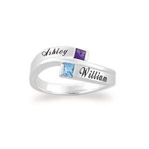 Sterling Silver Couples Princess Birthstone Ring (2 Stones and Names 