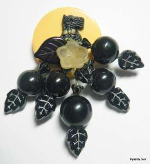 YELLOW BAKELITE CHIP BLACK LUCITE SCOTTIE CHERRY PIN  