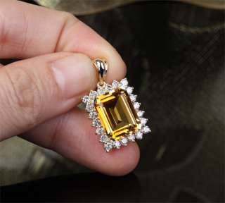 Emerald Cut 10x13mm Citrine 1.25CT Diamond 14K Yellow Gold Pendant For 