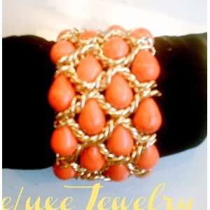  Coral and Gold Braided Cuff Bracelet 