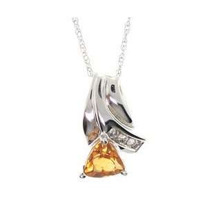  Citrine & Diamond White Gold Pendant Necklace Spring Clasp 