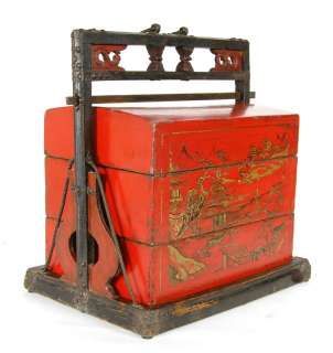 ANTIQUE CHINESE RED GOLD WEDDING BASKET 2 Tier Gift Box  