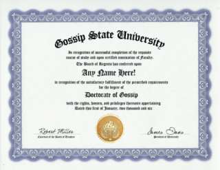 GOSSIP DIPLOMA  GOSSIPING GOSSIPER BIG MOUTH  GAG GIFT  