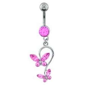  Pink Double 2 Butterfly Swirl Dangle Belly button Navel Ring 