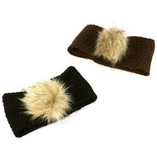   Hat Co Faux Fur Pom Pom 2ply Knit Headwrap Headband Ski Brown  