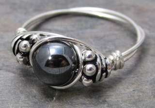 Hematite Bali Sterling Silver Wire Wrapped Bead Ring ANY size  