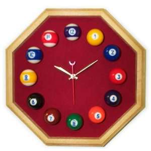   Octagon Billiard Clock Oak & Burgandy Mali Felt
