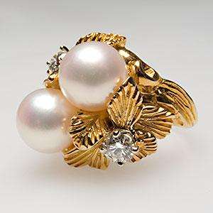   Twin Pearl & Diamond Cocktail Ring Heavy Solid 18K Gold Jewelry  