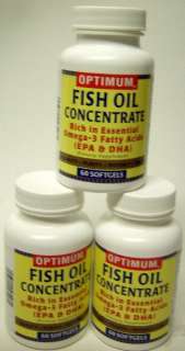 Lot of 3 Bottles of Optimim Fish Oil Concentrate 1000 mg Omega 3 60 