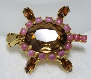   Topaz & Pink Satin Glass Jelly Belly TURTLE Pin Brooch 1.5  