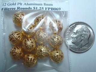 Yellow Gold plated 8mm round filigree beads 12pc FPB069  