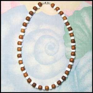 PUKA SHELL NECKLACE BROWN ROSARY WOOD BEADS PUCA CHOKER  